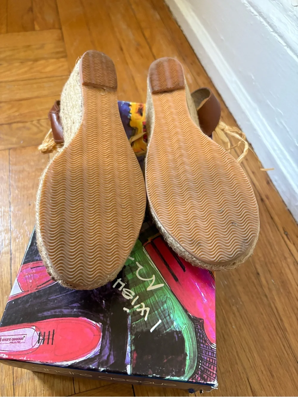 andre assous brown leather espadrille wedge sandals with raffia ties